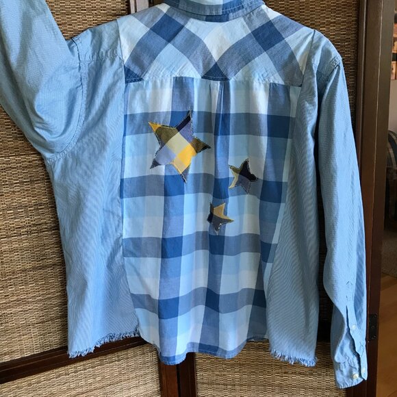 Mixed Plaid Button-Down Shirt, M-XL: Upcycled Oversized Boho Top, Stars & Fringe - Picture 3 of 10